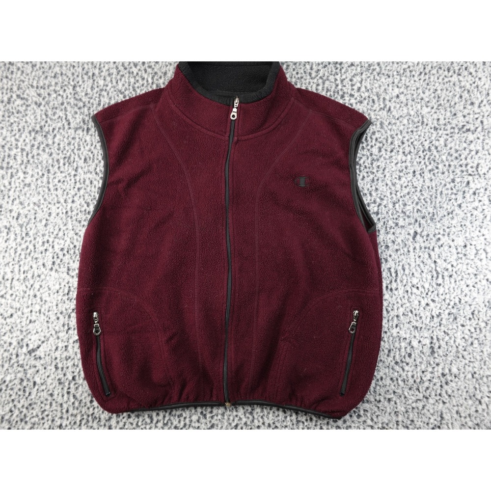 Champion Fleece Vest Mens Medium Burgundy Good Full Zip Mock Neck Logo